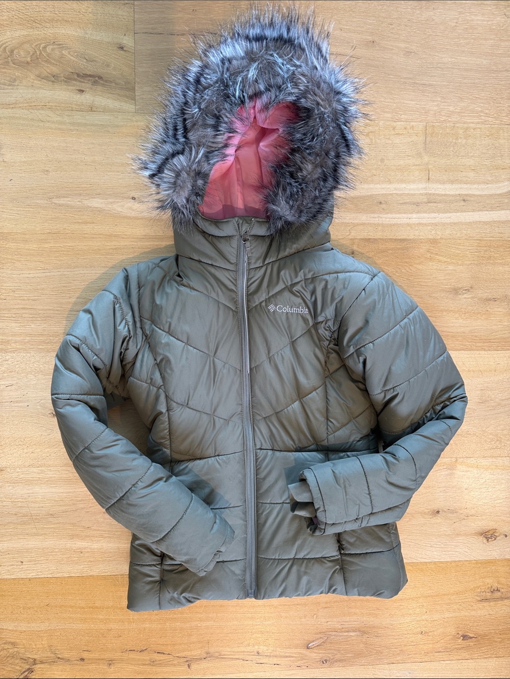 Columbia Girls' Olive Puffer Jacket with Faux Fur Hood